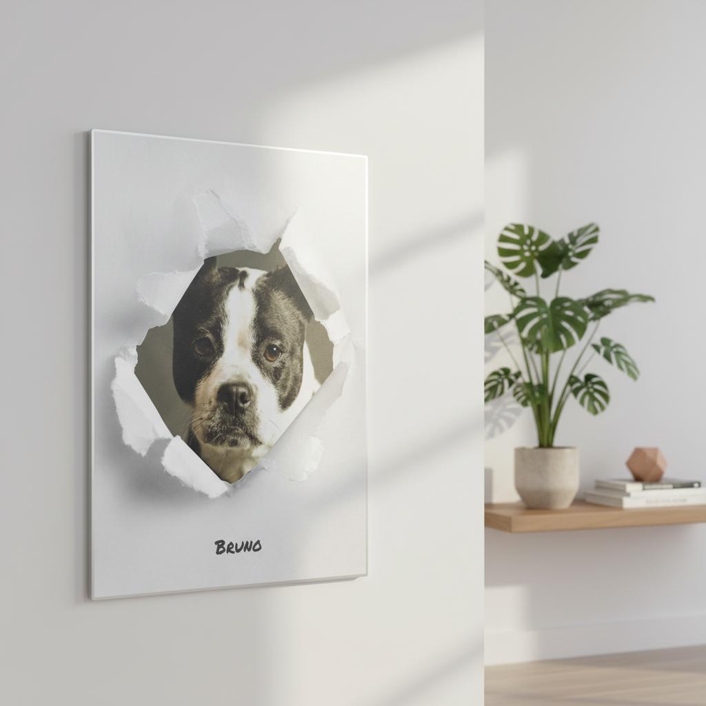 Aluminium Print Dog Peeping Ripped Paper Personalised Print